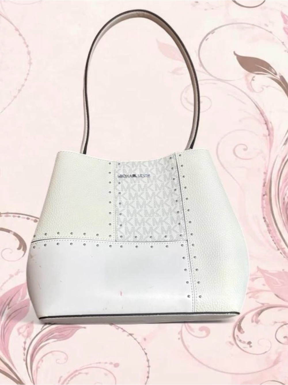 Michael Kors White Patchwork Leather Shoulder Tote with Stud Detail